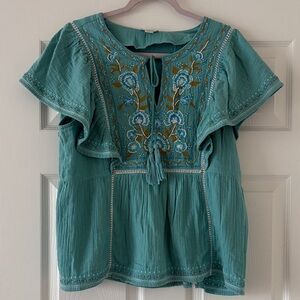 Sundance Teal Blouse with Floral Embroidery Small